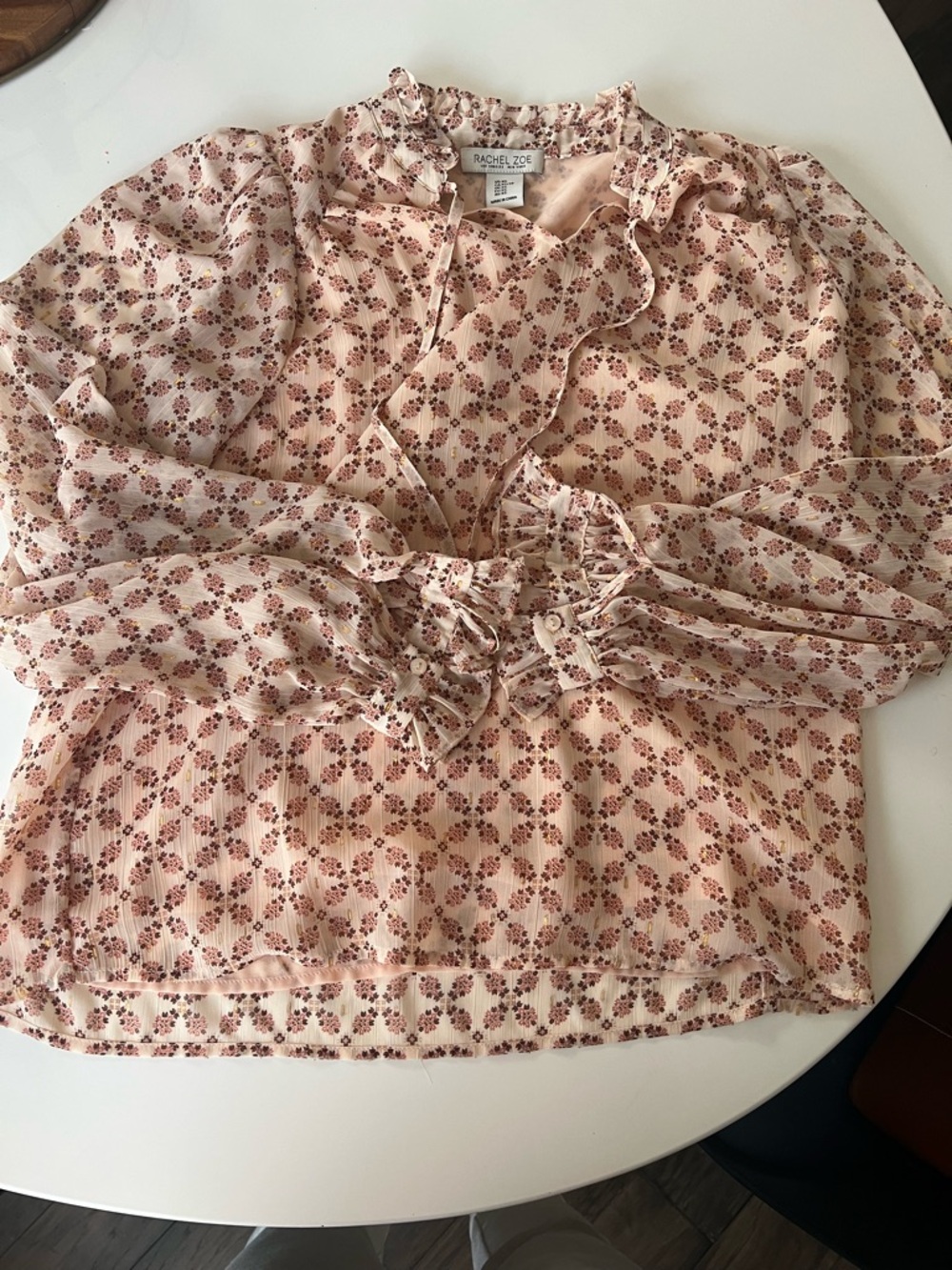 Rachel Zoe Blush Pink Floral Ruffle Tie-Neck Top